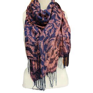 Reversible Indigo Blue Floral Fringed Scarf Shawl Wrap